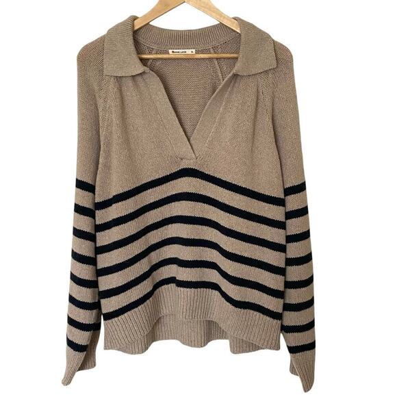 MARINE LAYER Claire Relaxed Knit Polo Sweater in Neutral Stripe, Size X-Large - Picture 15 of 15